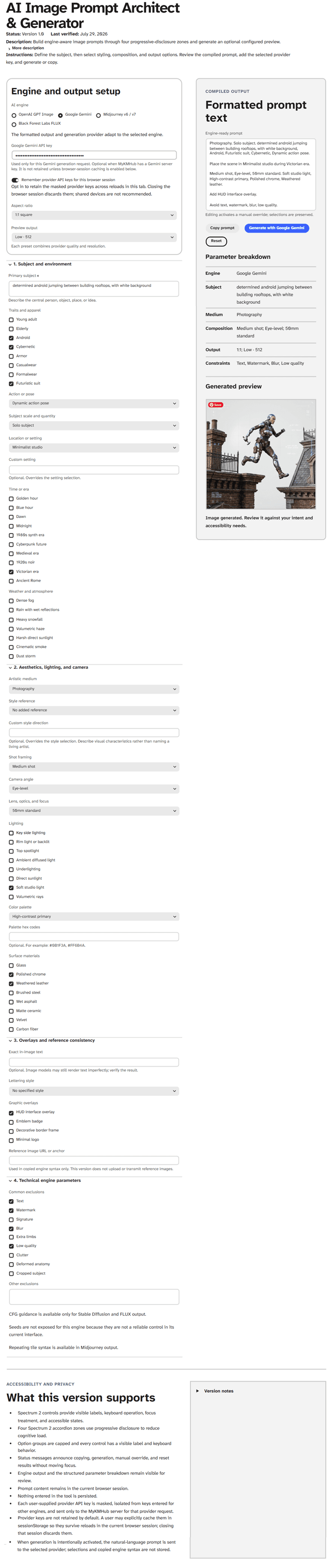 Full-page AI Image Prompt Architect interface with all prompt configuration sections expanded, compiled prompt and generated preview at right, and accessibility guidance below.