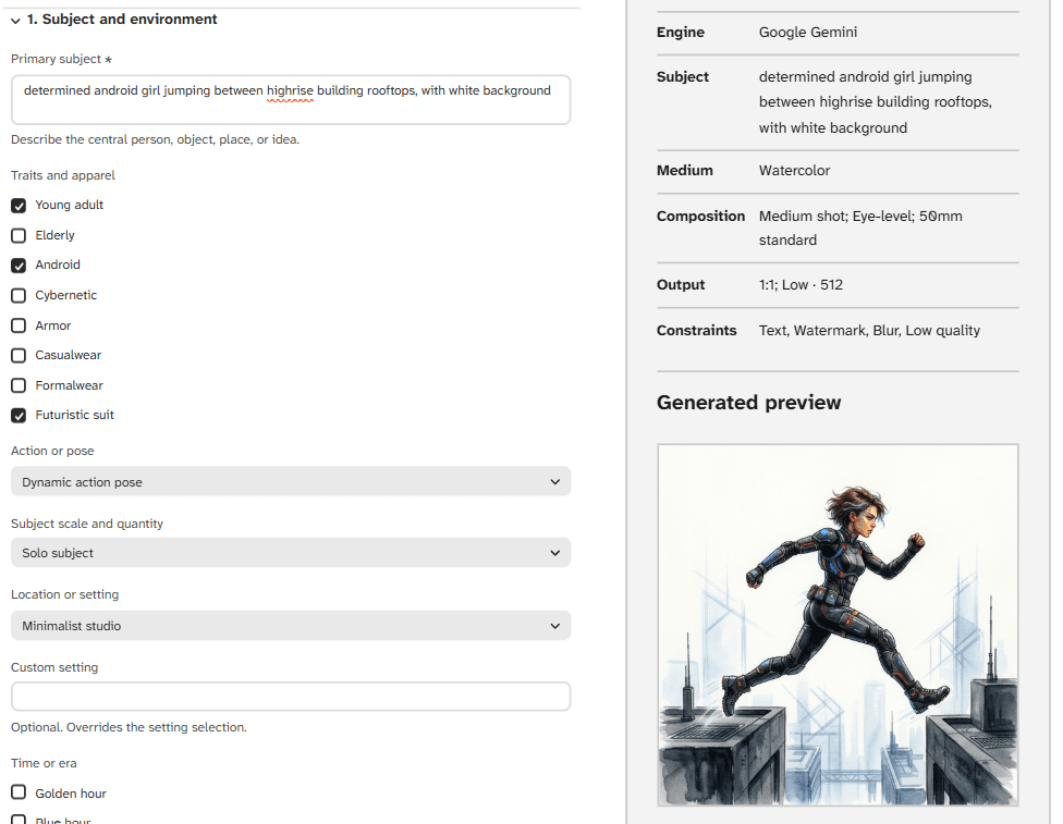AI image prompt interface showing subject and environment controls beside a parameter breakdown and a watercolor preview of an android jumping between rooftops.
