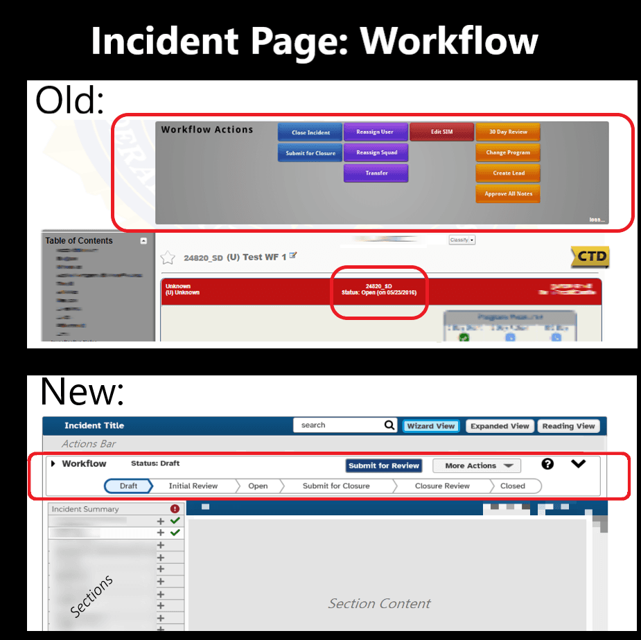Before-and-after incident workflow. The old interface shows disconnected colored action buttons and an isolated status label; the new interface shows a Draft-to-Closed progress sequence with a primary next action.