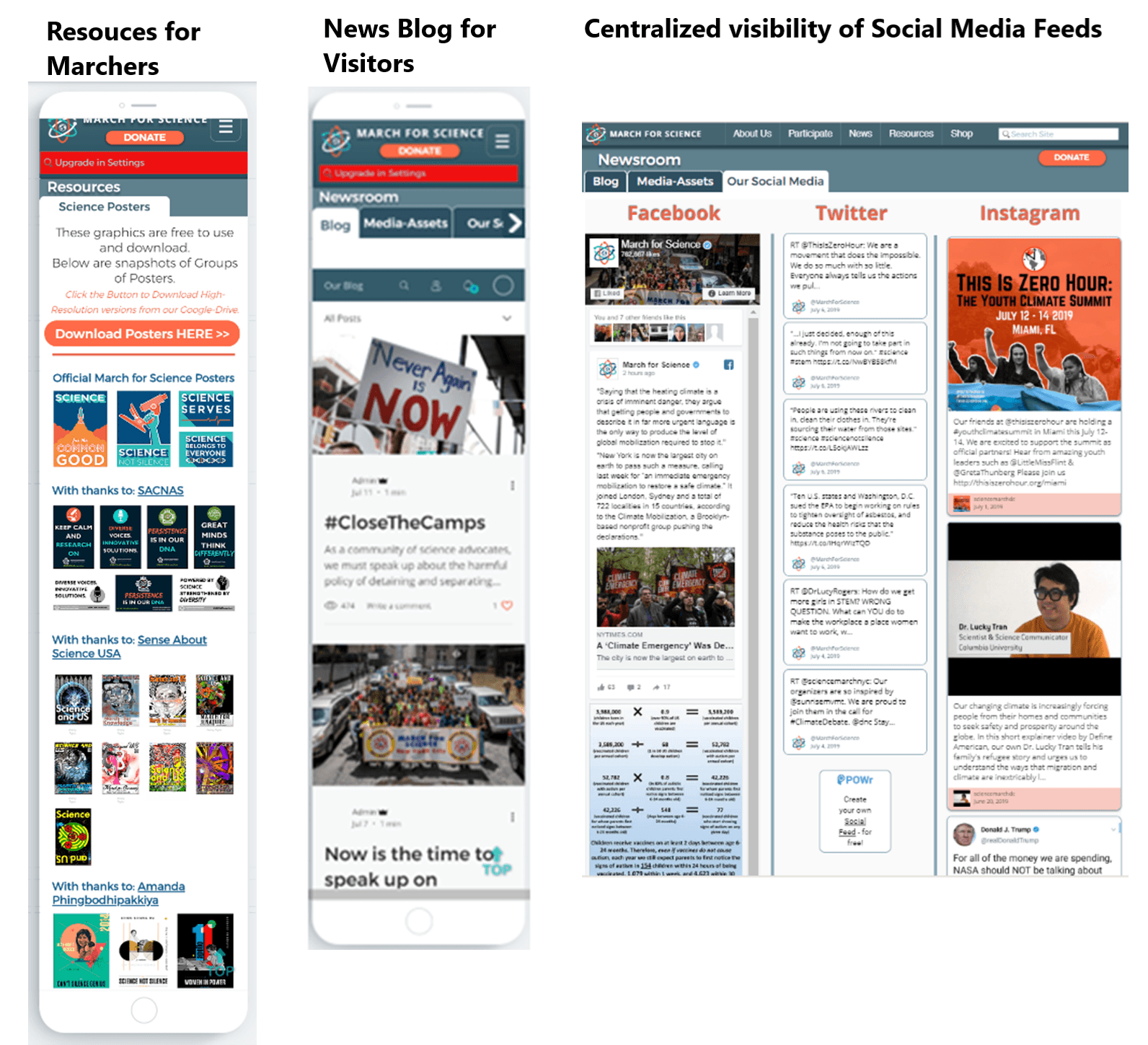 March for Science content examples showing downloadable poster resources, a mobile news blog, and a desktop newsroom that displays Facebook, Twitter, and Instagram feeds in one location.