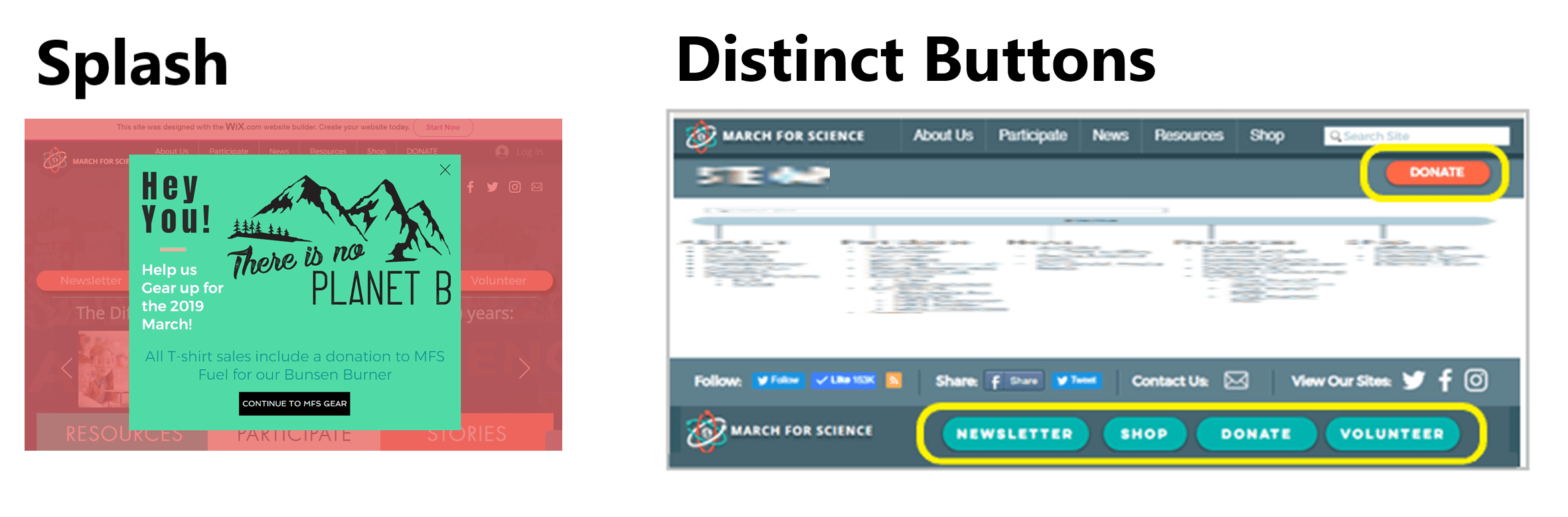 Two participation patterns: a campaign overlay asking visitors to gear up for the 2019 march, and a site layout highlighting Donate plus persistent Newsletter, Shop, Donate, and Volunteer buttons.